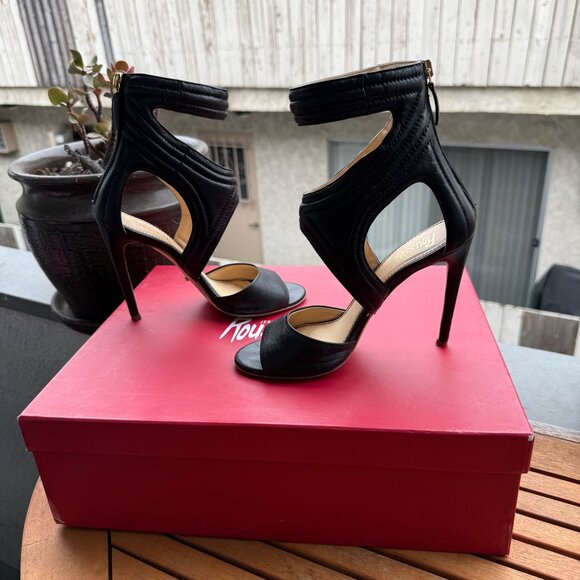 Jerome C. Rousseau Black Leather Cutout High Heel Sandals Size 36/5.5 Made In It - Picture 1 of 10